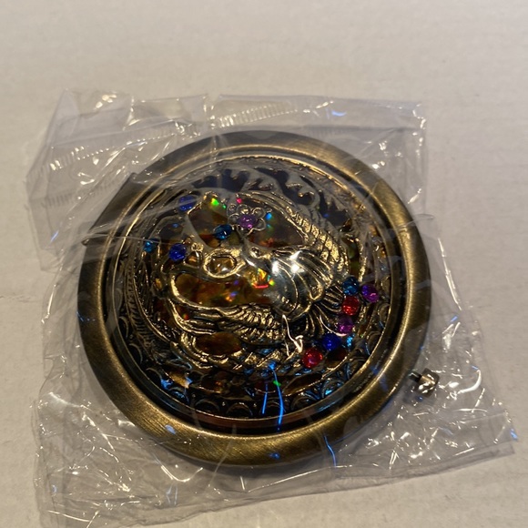 NWOT Brass Double Mirror Compact, Raised Jeweled Design with Flower - Picture 5 of 6